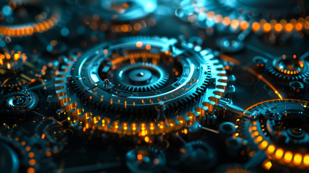 Close-up of the technological gear mechanism with gold shiny inserts. Reliable mechanism on a dark background. Abstract background.